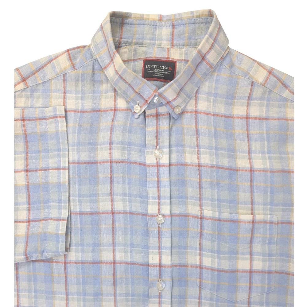 UNTUCKit Matisco Mens Medium Slim Fit 100% Linen Short Sleeve Plaid Shirt Blue